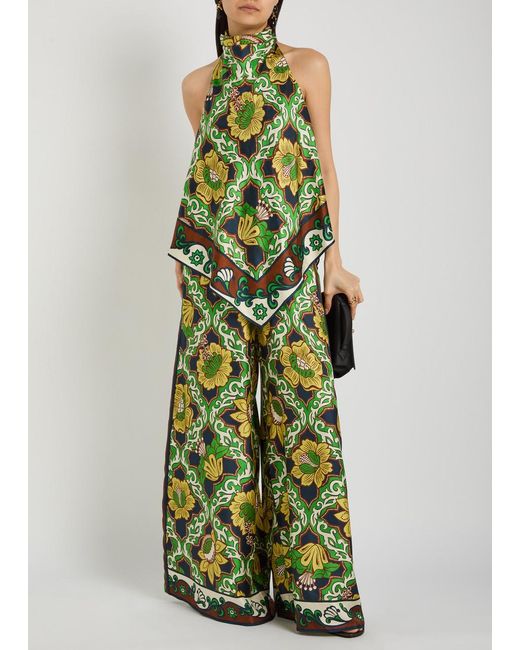 ALÉMAIS Green Liana Printed Halterneck Silk Top