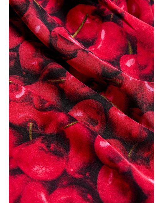 Never Fully Dressed Red Lyla Cherry-Print Lace And Satin Midi Dress