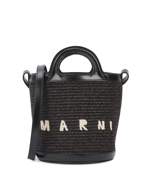 Marni Black Tropicalia Mini Leather And Raffia Bucket Bag