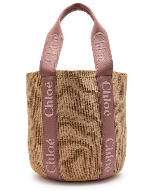 Chloé Brown Woody Large Logo-Embroidered Raffia Basket Bag