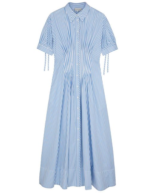 Lee Mathews Blue Lyndon Striped Cotton Maxi Shirt Dress