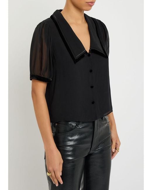 FRAME Black The Velvet Trim Silk-Chiffon Blouse