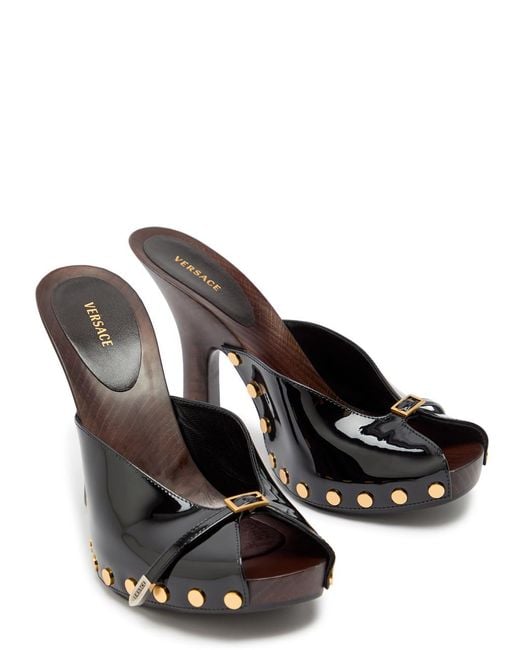 Versace Black 105 Stud-Embellished Wooden And Patent Leather Mules