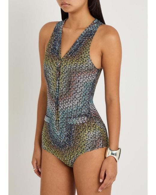 Missoni Blue Zigzag Metallic-Knit Swimsuit