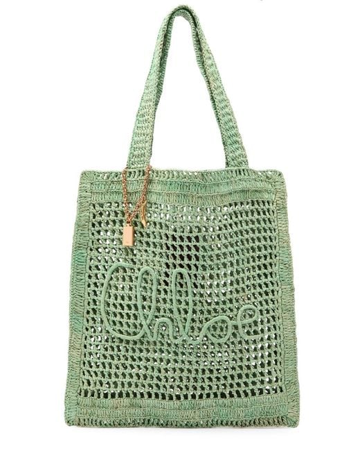 Chloé Green Summer Banana Logo Raffia Tote
