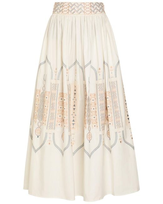 Emporio Sirenuse Natural Ombretta Embroidered Cotton-Blend Midi Skirt
