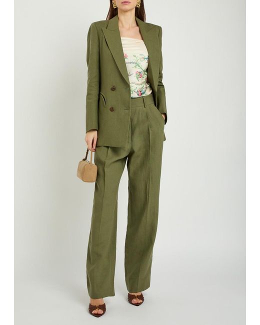 Blazé Milano Green Fox Pleated Straight-Leg Linen Trousers