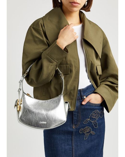 Ganni Gray Metallic Leather Shoulder Bag