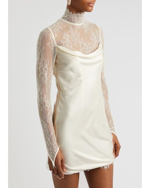 De La Vali White Croissant Silk-Satin And Lace Mini Dress