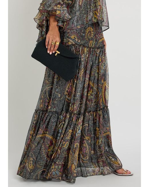 Etro Multicolor Printed Tiered Metallic Silk Midi Skirt
