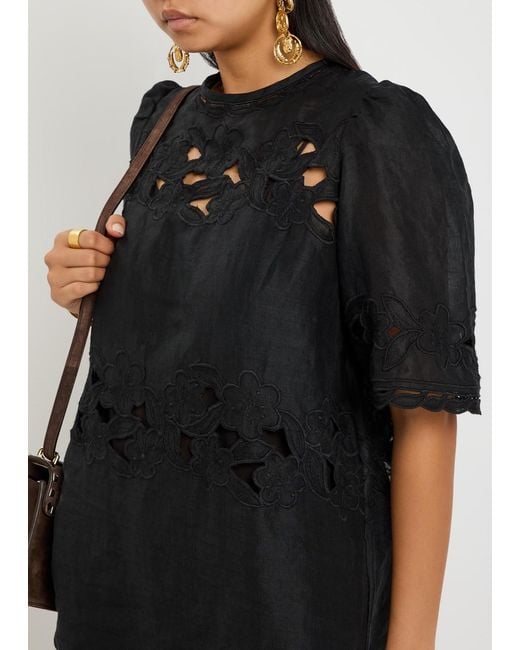 Isabel Marant Black Reldine Floral-Embroidered Ramie Mini Dress