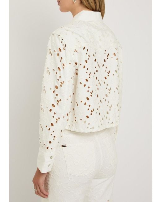 Alice + Olivia White Finely Cutwork Embroidered Denim Shirt