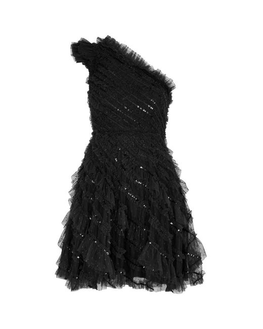 Needle & Thread Black Spiral Sequin-embellished Tulle Mini Dress
