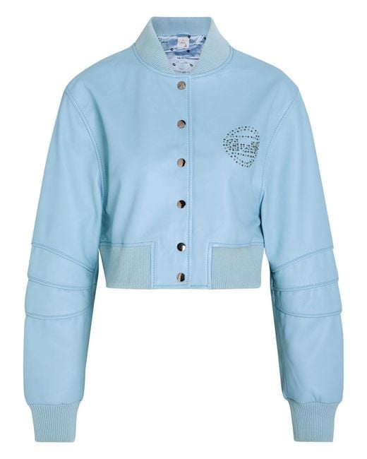 AN-Y1 Blue Queen Stud-Embellished Leather Cropped Bomber Jacket