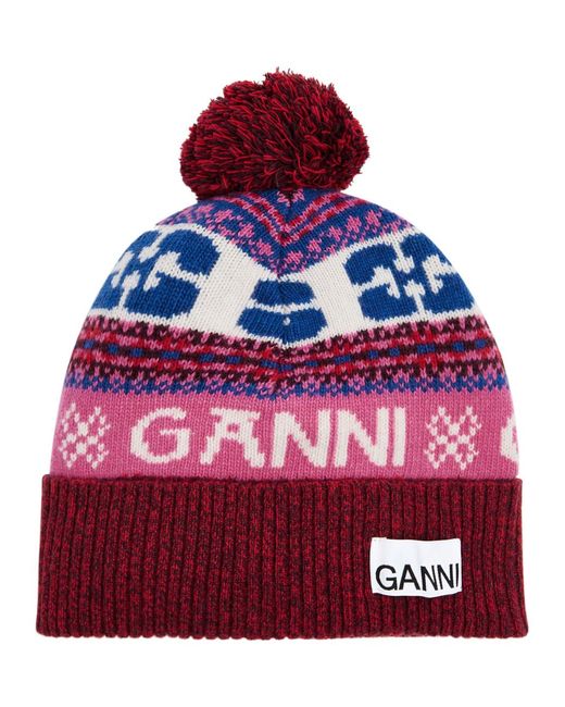 Ganni Red Pompom Logo-intarsia Wool-blend Beanie