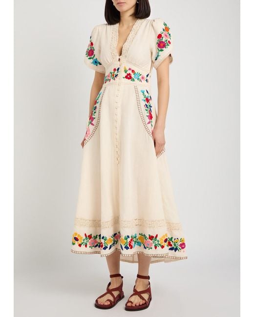Rixo Natural Novara Floral-Embroidered Linen-Blend Midi Dress