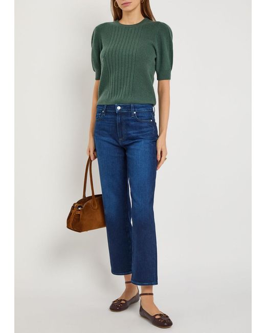 PAIGE Green Kato Puff-Sleeve Ribbed Cashmere Top
