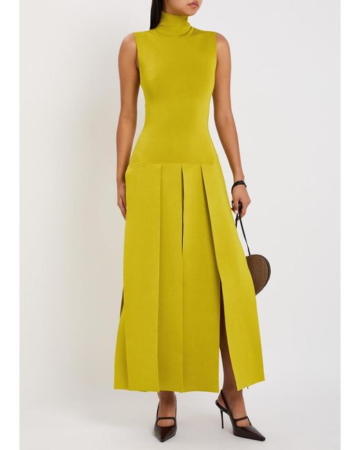 Alaïa Yellow Pleated Stretch Fine-Knit Maxi Dress