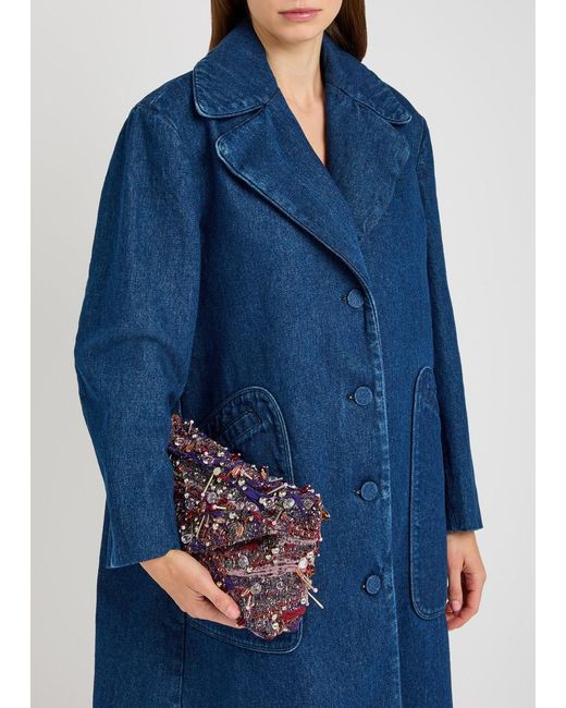 Dries Van Noten Purple Embroidered Envelope Cloqué Clutch Bag