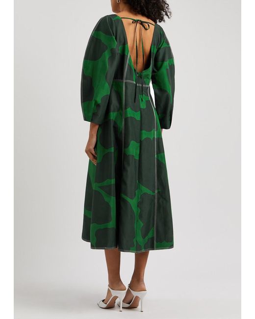 LOVEBIRDS Green Moss Printed Silk Midi Dress