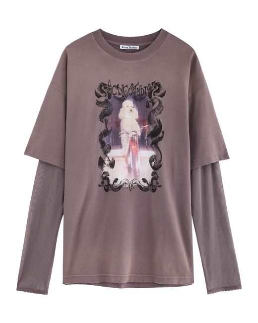 Acne Studios Mesh-Layered Printed Cotton T-Shirt in Purple