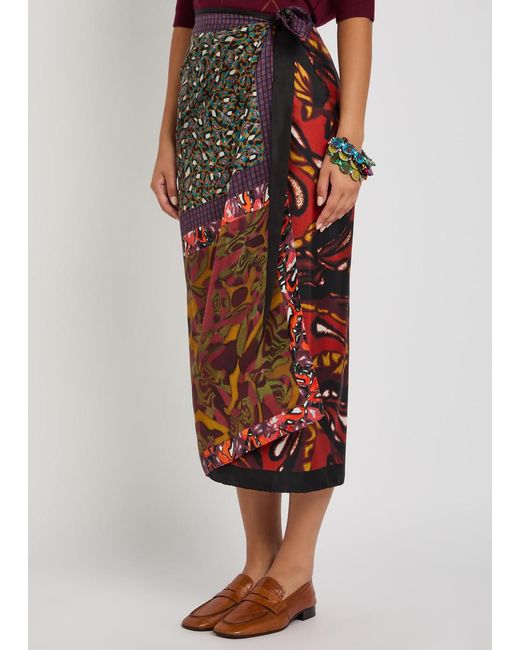 Dries Van Noten Multicolor Scarfy Printed Silk Midi Wrap Skirt