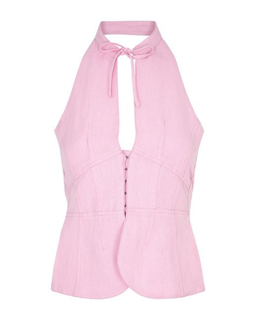 GIMAGUAS Pink Ring Halterneck Linen-blend Top
