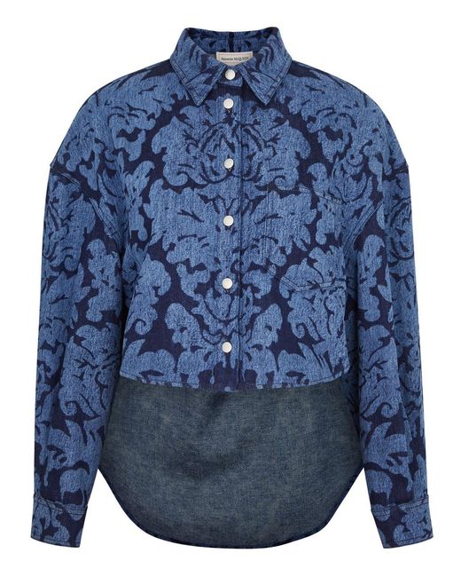Alexander McQueen Blue Floral-Print Cropped Shirt