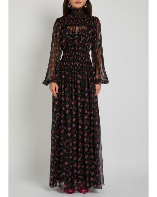 Dolce & Gabbana Black Floral-Print Shirred Silk Maxi Dress