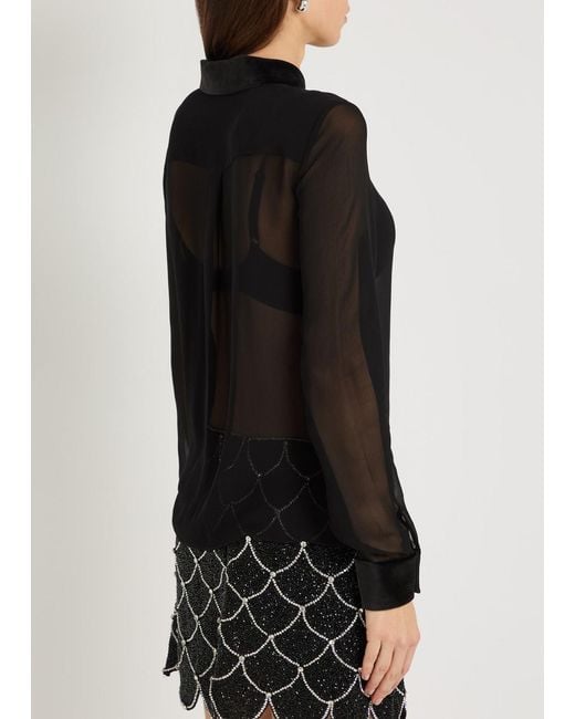 Alice + Olivia Black Willa Velvet-Trim Semi-Sheer Chiffon Shirt