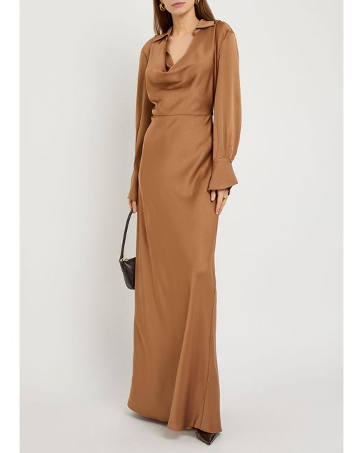 Jonathan Simkhai Brown Adelle Draped Satin Maxi Shirt Dress