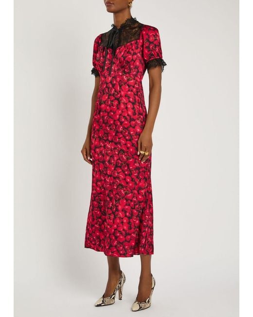 Never Fully Dressed Red Lyla Cherry-Print Lace And Satin Midi Dress