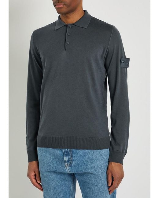 Stone Island Blue Logo Wool Polo Shirt for men