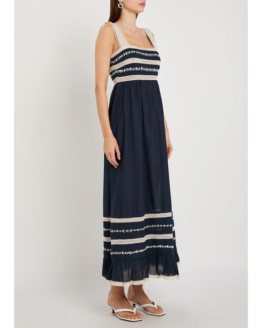 Rixo Blue Malie Lace-Trim Cotton-Blend Midi Dress