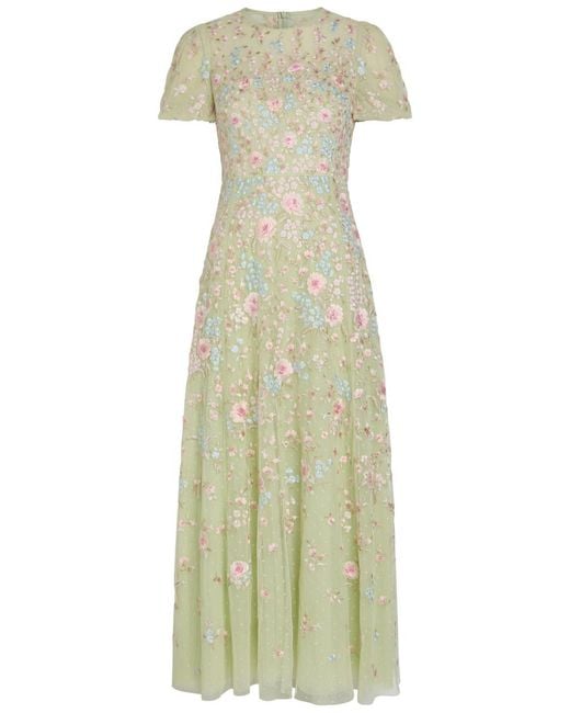 Needle & Thread Green Peony Floral-Embroidered Tulle Midi Dress