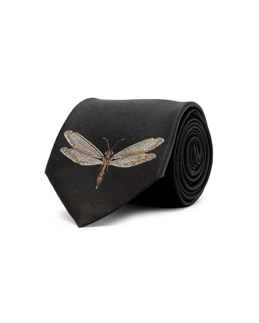 Alexander McQueen Black Dragonfly Embroidered Silk Tie for men