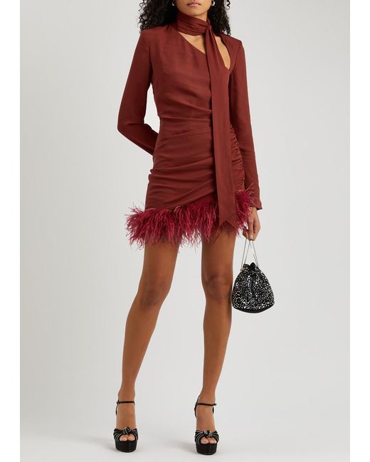 De La Vali Red Avenue Feather-trimmed Ruched Mini Dress