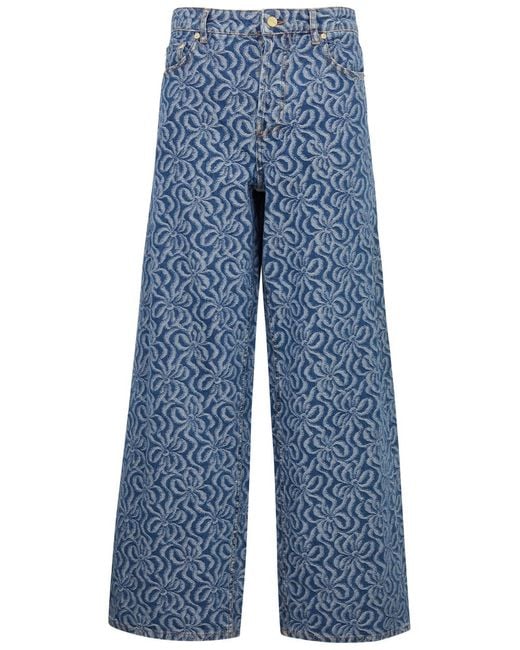 Ganni Blue Floral-jacquard Wide-leg Jeans