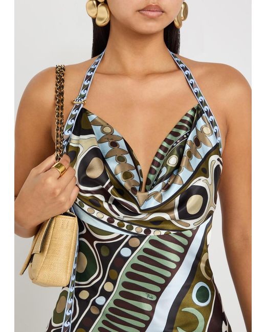 Emilio Pucci Multicolor Printed Halterneck Satin-Silk Maxi Dress