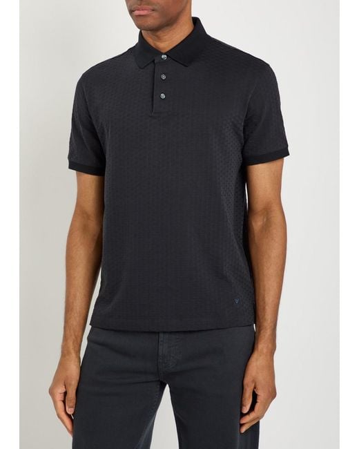 Emporio Armani Black Jacquard Logo-Embroidered Cotton Polo Shirt for men