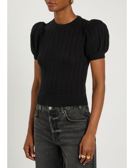 Alice + Olivia Black Chase Puff Faux Pearl-Embellished Cotton-Blend Top
