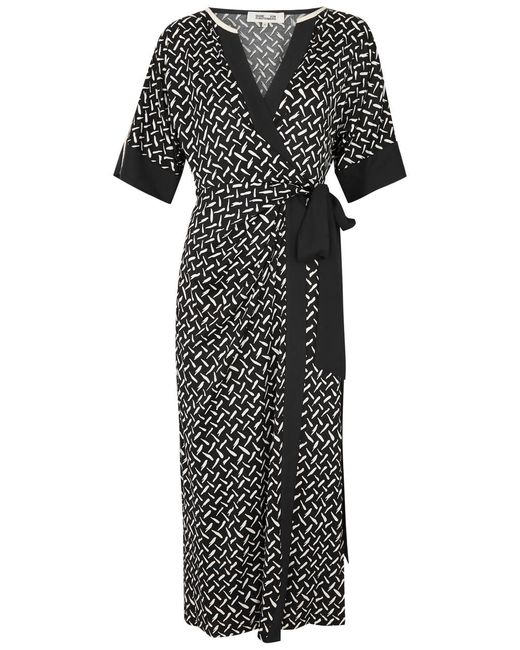 Diane von Furstenberg Black Dorothea Printed Jersey Midi Wrap Dress