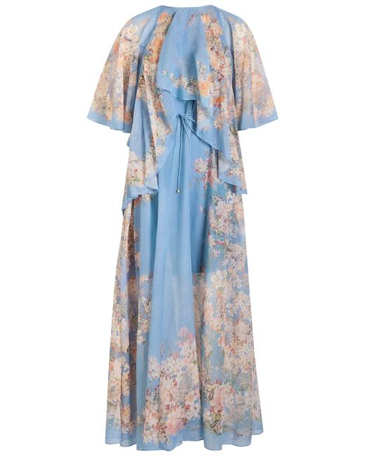 Zimmermann Blue Cascadian Floral-Print Chiffon Maxi Dress