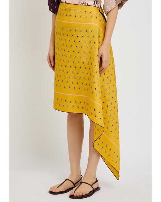 Otzio Yellow Margot Printed Asymmetric Silk Midi Skirt