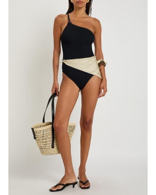 Hunza G Black Clara One-Shoulder Crinkle Swimsuit