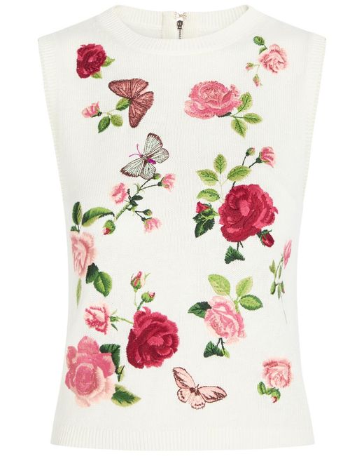 Alice + Olivia White Reva Floral-Embroidered Knit Top