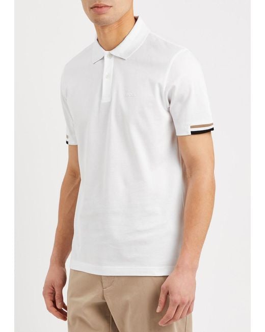 Boss White Logo Piqué Cotton Polo Shirt for men