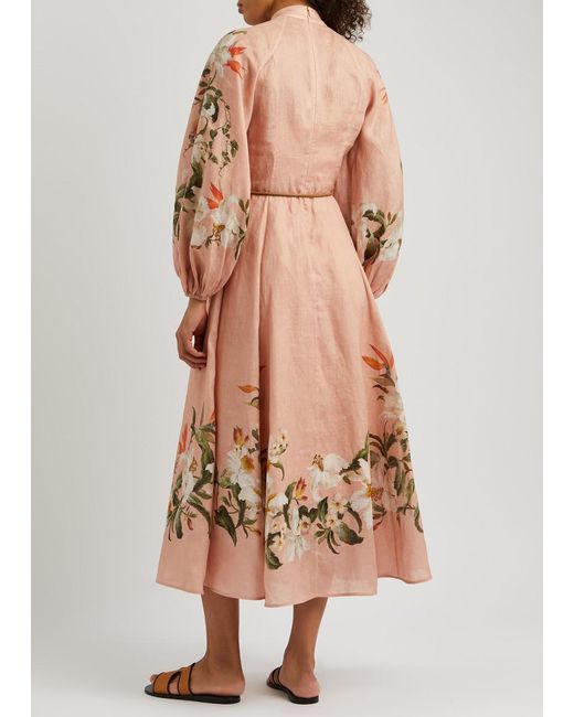 Zimmermann Natural Lexi Billow Floral-print Linen Midi Dress