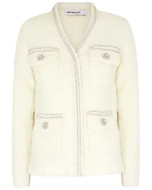 Self-Portrait Synthetic Ivory Embellished Bouclé Knitted Cardigan in ...