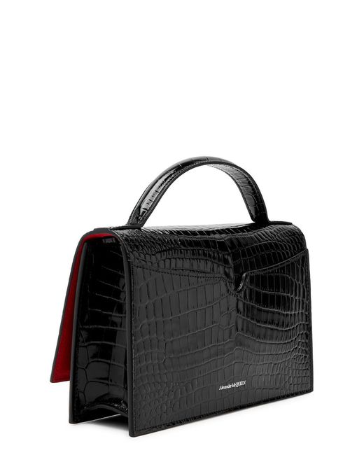 Alexander McQueen Black Skull Medium Crocodile-effect Leather Top Handle Bag